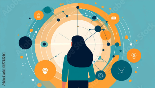 Abstract representation of a person's head facing a network of interconnected ideas and concepts