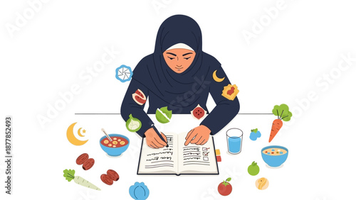 Muslim woman cooking with recipe book and fresh ingredients