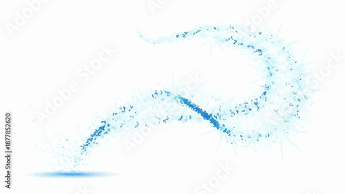 Abstract blue, light blue, and white swirling particles with a bright light source at the bottom