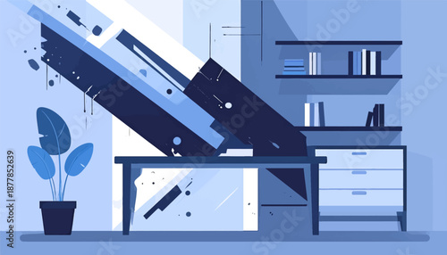 Abstract blue scene with desk, plant, and bookshelves