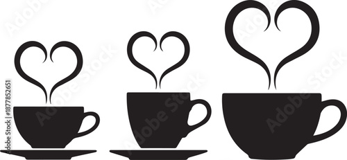 Three coffee cups with heart-shaped steam in black silhouette
