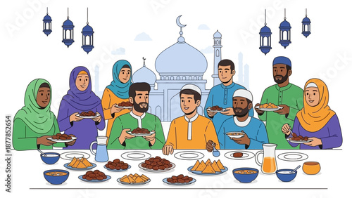 Diverse Group Enjoying Iftar Meal During Ramadan Celebration