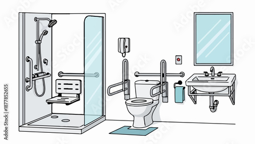 Accessible bathroom featuring a walk-in shower, toilet with grab bars, and a sink