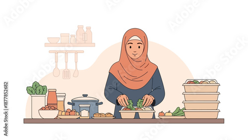 Muslim woman preparing healthy meals in a modern kitchen setting