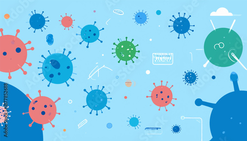 Abstract illustration with colorful virus-like shapes and medical icons on a light blue background