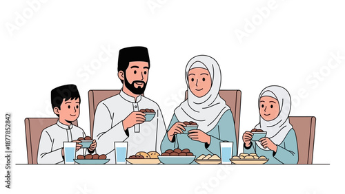 Muslim family enjoying meal together during Ramadan celebration