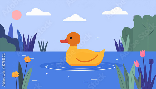 A yellow rubber duck floats on blue water under a pink sun and white clouds, surrounded by plants