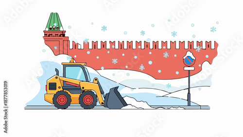 A yellow snowplow clears snow in front of a red fortified wall and a green-capped tower, under falling snowflakes