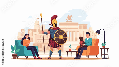 A warrior stands guard as people relax indoors with pets and plants