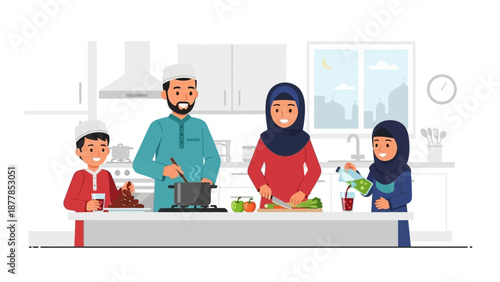 Muslim family cooking together in modern kitchen setting