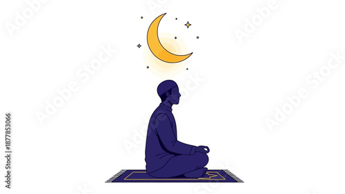 Person in meditation pose under crescent moon and stars illustration