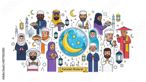 Diverse Group Celebrating Ramadan with Traditional Lanterns and Crescent Moon