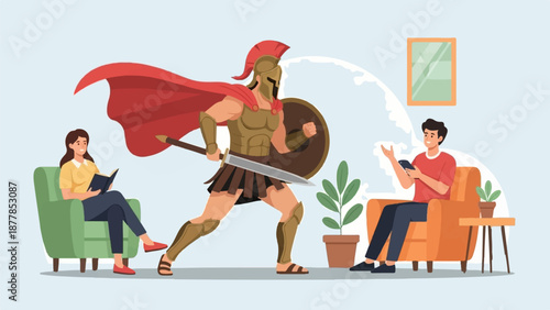 A warrior strides past people relaxing at home, with a framed picture on the wall