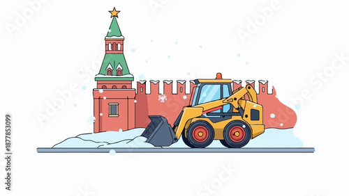 A yellow snowplow clears snow in front of a red Kremlin-like tower with a green roof