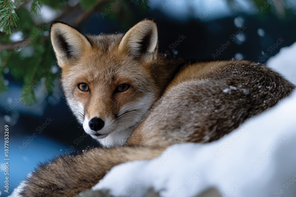 Naklejka premium A majestic fox lays comfortably in a snowy forest, showcasing its beautiful fur while remaining alert in its serene natural habitat amidst falling snowflakes.