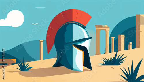 A warrior's helmet stands guard over ancient ruins under a vast sky