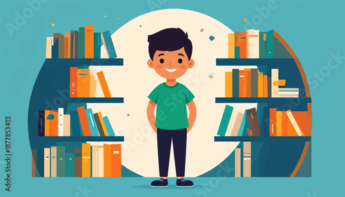 A young boy stands happily in front of a large, multi-shelf bookcase filled with colorful books