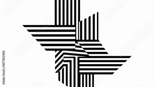 Abstract geometric design with intersecting black and white stripes creating a sense of depth