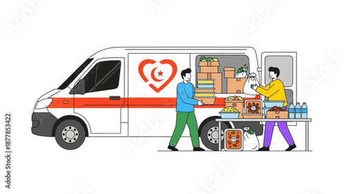 Volunteers loading supplies into a charity donation van