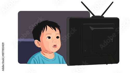 A young child stares with wide-eyed wonder at a television screen, captivated by the images