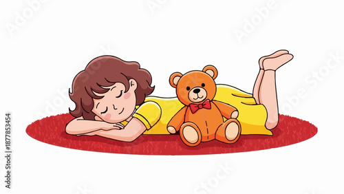 A young child peacefully sleeps on a red carpet, cuddling with a plush teddy bear