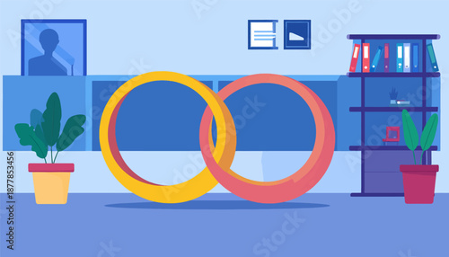 Abstract interlocking rings in a minimalist office setting with plants and shelves