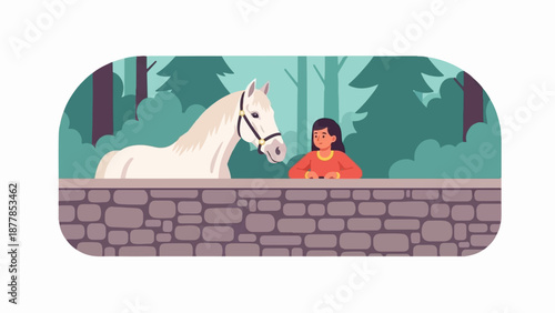 A young girl gazes at a white horse over a stone wall in a forest