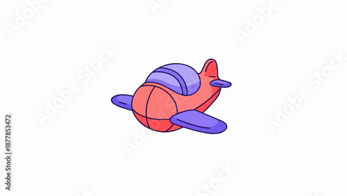 A whimsical cartoon airplane, painted in vibrant red and purple hues, floats against a clean white background
