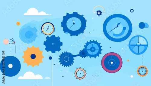 A whimsical blue and orange composition of gears and clocks against a cloudy sky