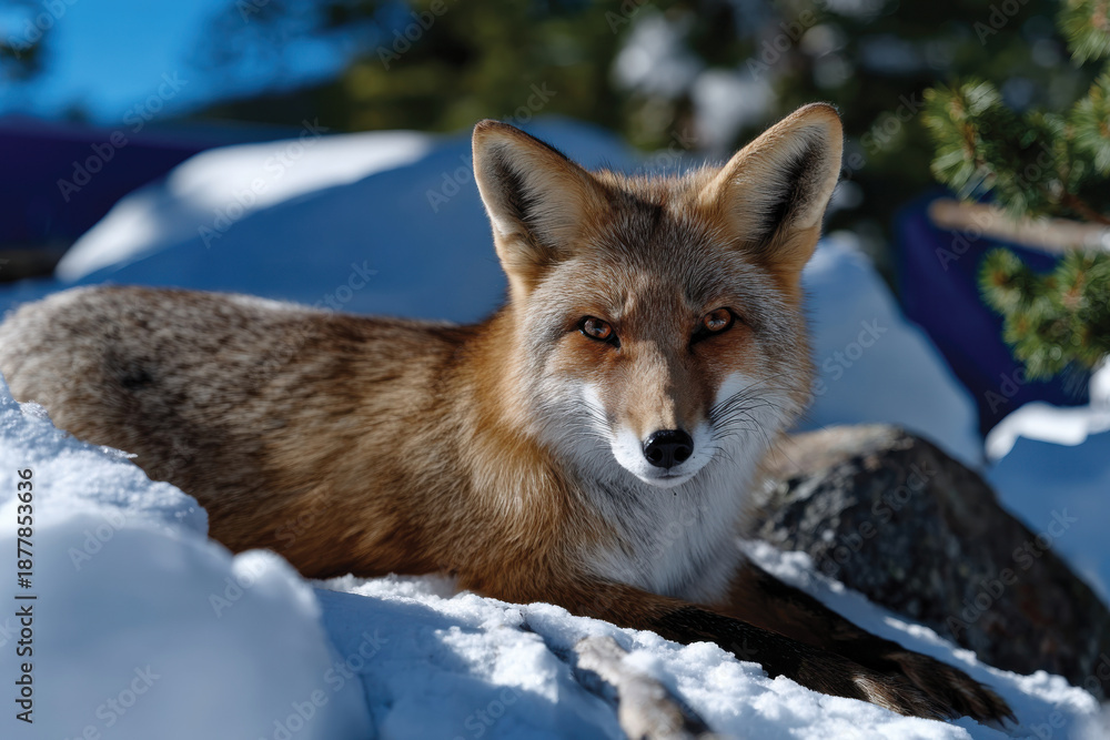 Naklejka premium A serene and elegant fox rests on a rocky surface blanketed with snow, showcasing its vivid fur and striking gaze against a stunning winter backdrop highlighting nature's beauty.