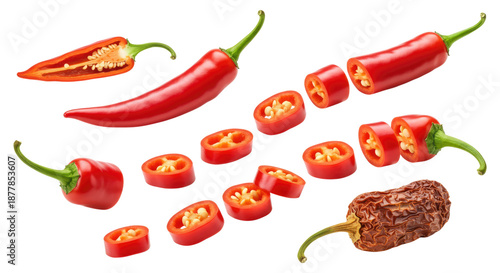 Bright red chili peppers arranged whole, halved, and sliced into rounds showing seeds, plus a single wrinkled dried chili, on a transparent background © Tati