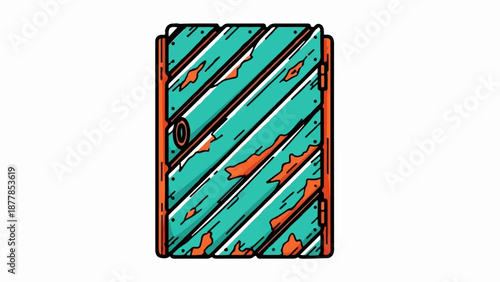 A weathered, teal-colored wooden door with orange accents and a circular knob