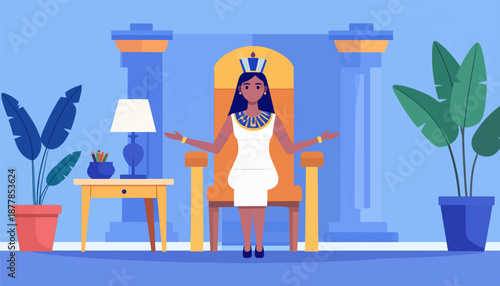 A woman in regal attire sits on an ornate throne, surrounded by plants and decor