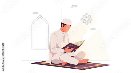 Muslim man reading Quran in peaceful mosque interior