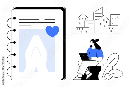 Digital note concept. Digital note a heart, hands praying icon, and woman working on a laptop outdoors. Digital note for mindfulness, remote work, planning, creativity, and wellness