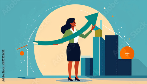 A woman in professional attire holds a rising arrow, symbolizing growth against city buildings
