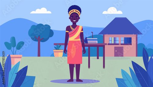 A woman in traditional attire stands outside a simple house, with trees and mountains in the background