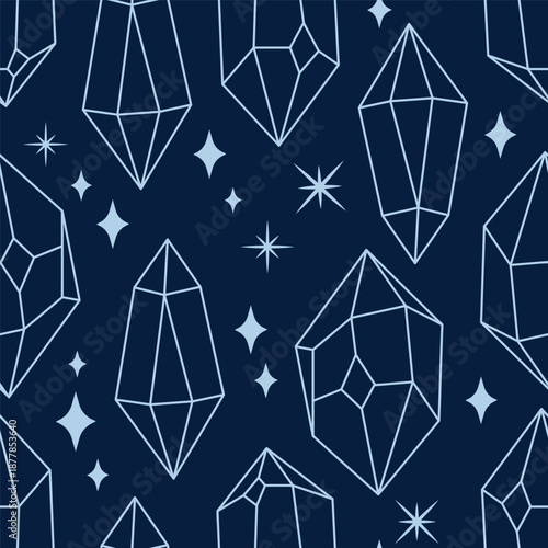Geometric crystals and stars on dark background. Seamless pattern with glowing facets and celestial sparkles. Vector mystical print