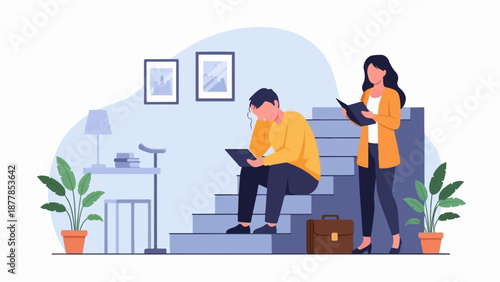 A woman reads a book on stairs while a man sits beside her looking at a tablet