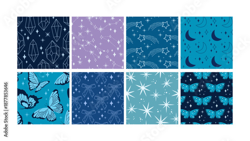 Celestial and decorative seamless patterns set. Stars, moons, crystals, butterflies on blue backgrounds. Vector printable template for textiles, wallpapers, magical design.
