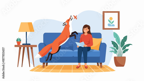 A woman reads a book while a playful fox leaps for a toy in a cozy living room setting