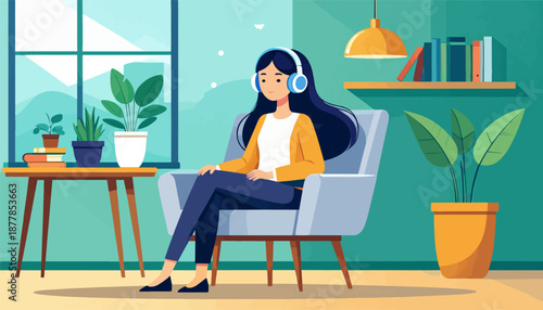 A woman relaxes indoors listening to music, surrounded by plants and books