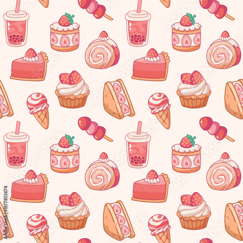 Kawaii strawberry dessert pattern. Sandwich, roll cake, pastries, cake, ice cream and bubble tea in repeat. Cartoon printable vector template for fabric, paper