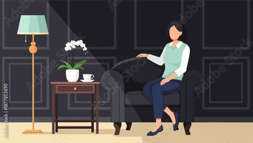 A woman sits in a plush armchair next to a side table with a lamp and orchids
