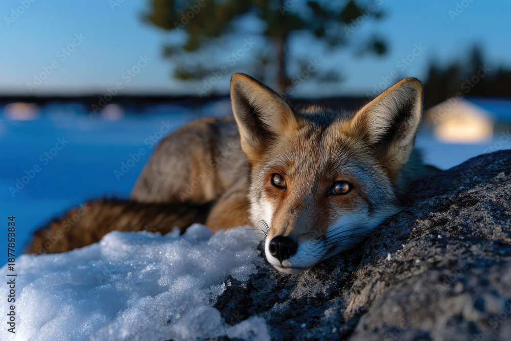 Fototapeta premium An elegant fox lies comfortably on a snow-covered rock, radiating grace and beauty as it enjoys the peaceful winter day under the warm evening light of the fading sun.