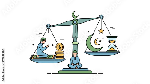 Illustration of balance between money and time with meditating person