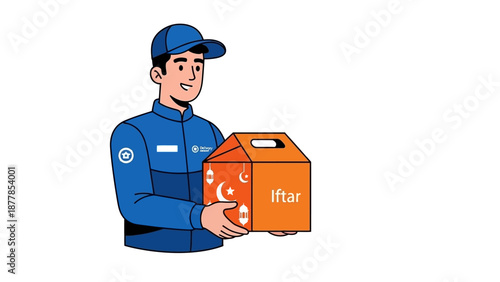 Courier delivering iftar meal box in uniform illustration