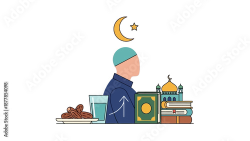 Illustration of Muslim man with Quran, mosque, and Ramadan symbols