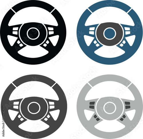 Set of modern car steering wheels with control buttons, isolated on white background flat vector