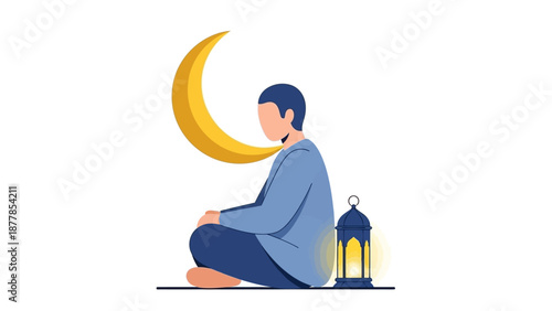 Muslim man meditating with crescent moon and lantern illustration